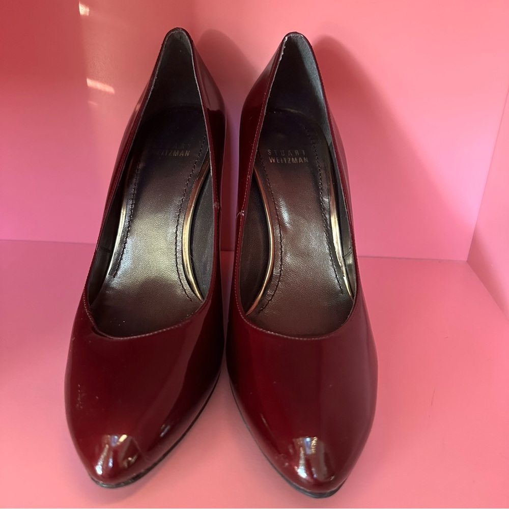 Stuart Weitzman Maroon Patent Leather Wedge Rhinestone Heels - Picture 3 of 10
